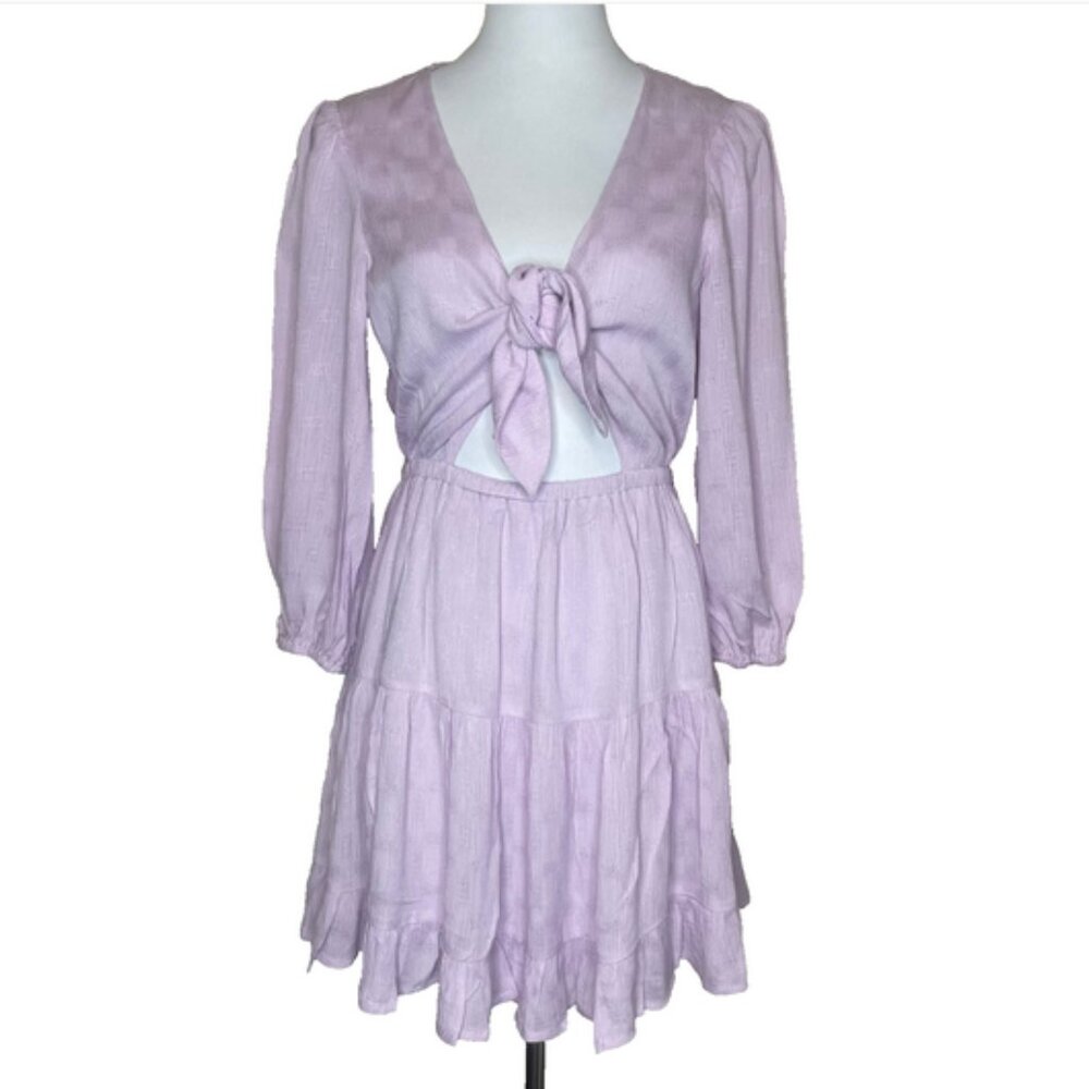 Lush Lilac Tie Front Cutout Mini Dress M Textured Balloon Sleeve Tiered Lavender - Picture 2 of 12